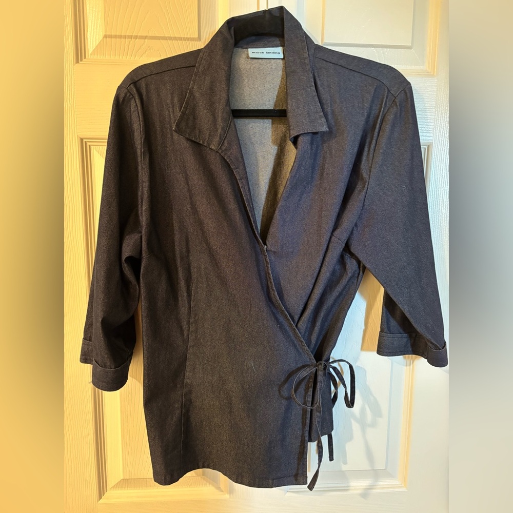 Marsh Landing Dark Denim Wrap Blouse Large